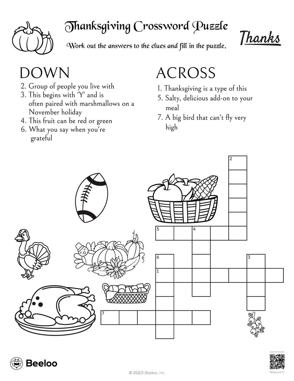 Thanksgiving-Themed Crossword Puzzles • Beeloo Printable Crafts intended for Thanksgiving Puzzles For Kids
