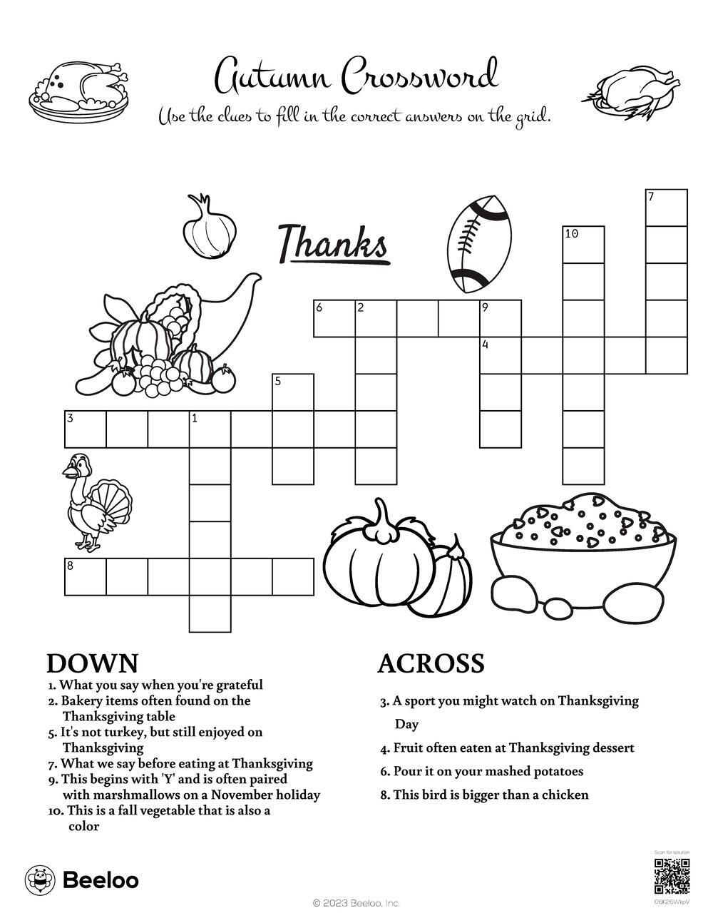 Thanksgiving-Themed Crossword Puzzles • Beeloo Printable Crafts intended for Thanksgiving Themed Crossword Puzzle