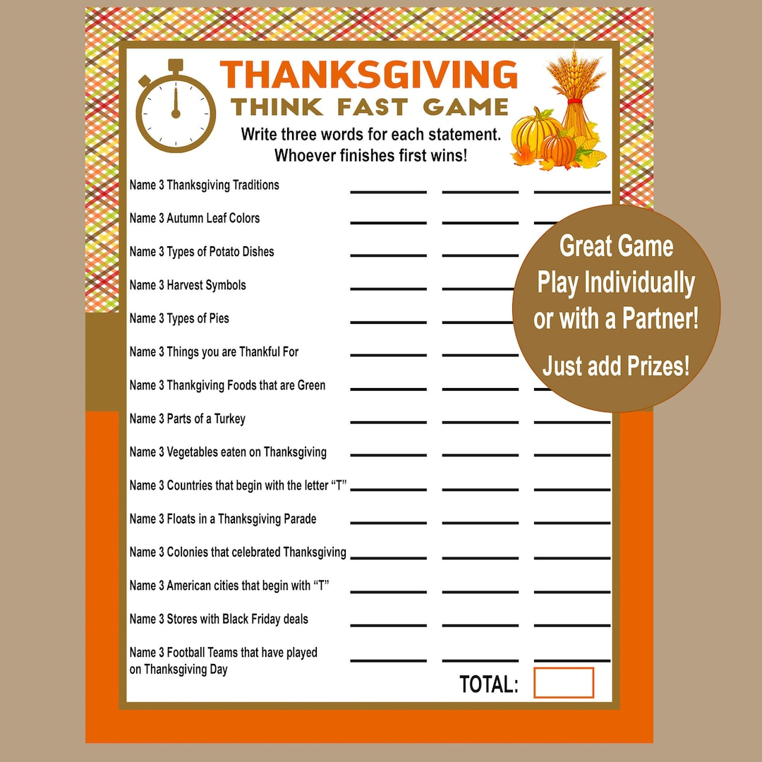 Thanksgiving Trivia Game, Think Fast Game, Thanksgiving Printable in Thanksgiving Printable Games and Puzzles