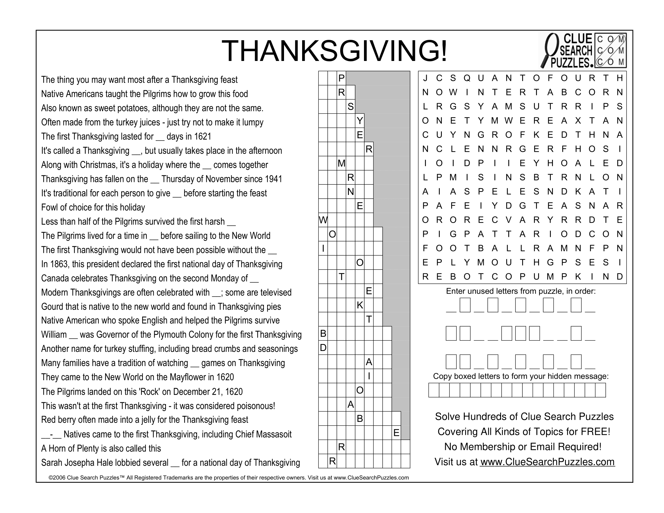 Thanksgiving Trivia Quiz within Thanksgiving Clue Search Puzzle Answers