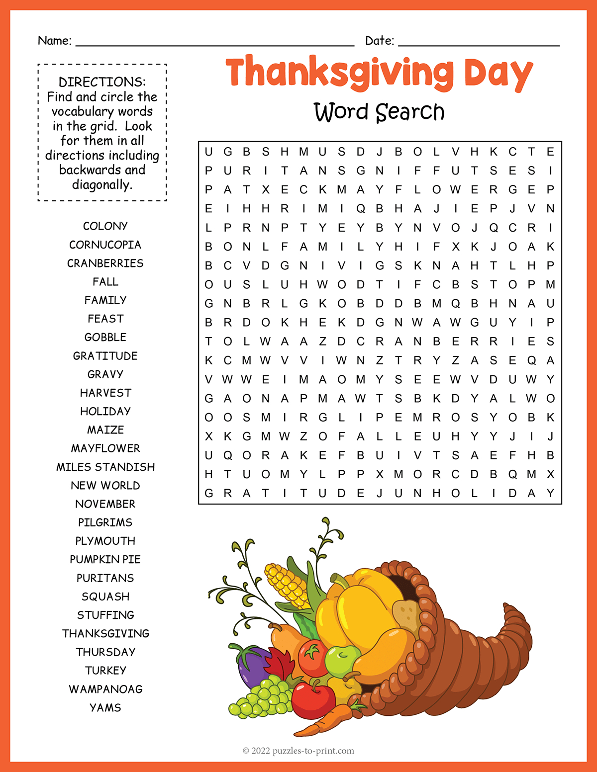 Thanksgiving Word Search in Thanksgiving Puzzles Free