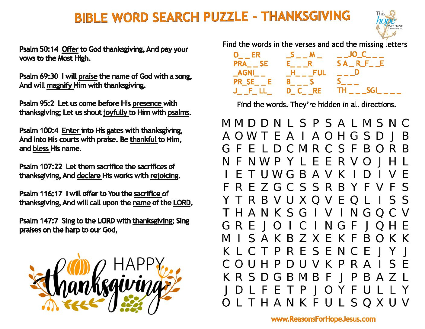 Thanksgiving Word Search Puzzle » Reasons For Hope* Jesus pertaining to Psalms Of Thanksgiving Crossword Puzzle