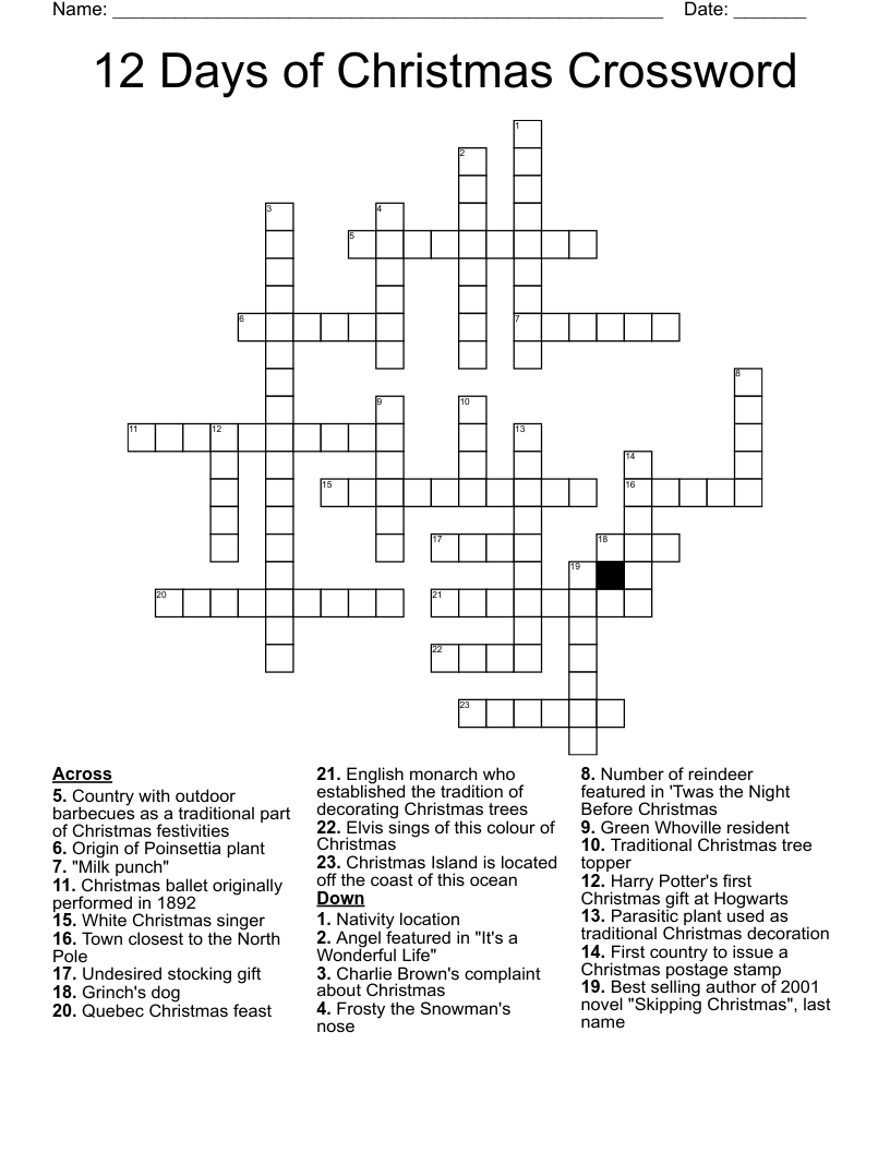 12 Days Of Christmas Crossword - Wordmint regarding Tree in the 12 Days of Christmas Crossword