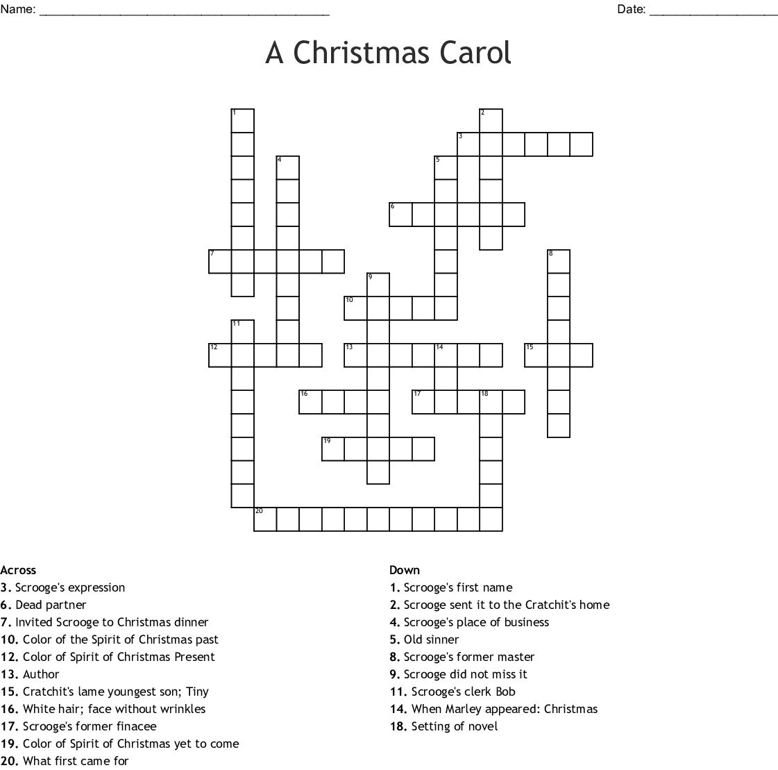 A Christmas Carol Crossword Printable regarding Christmas Carol Starter Crossword