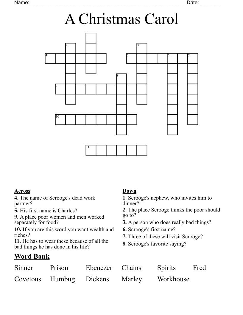 A Christmas Carol Crossword - Wordmint inside Christmas Eve Visitor Crossword Clue