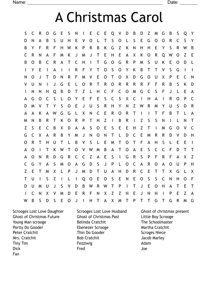 A Christmas Carol Crossword Puzzle Printable