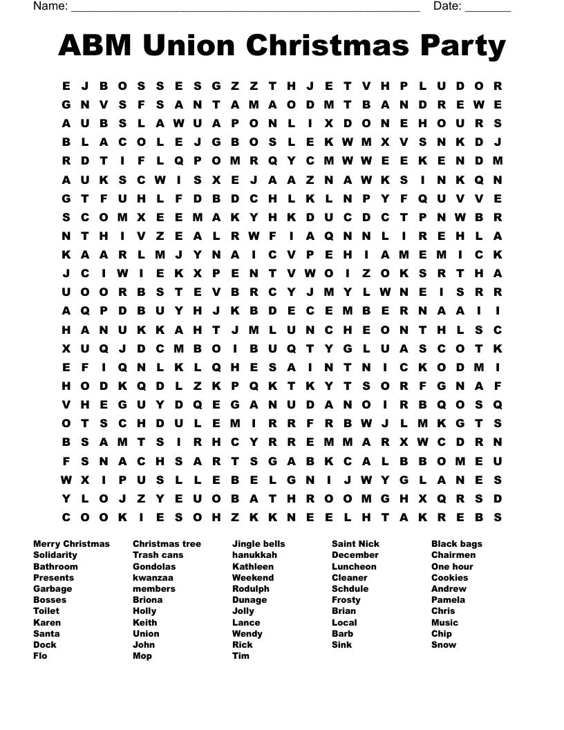 Abm Union Christmas Party Word Search - Wordmint regarding Christmas Party Crossword Puzzle