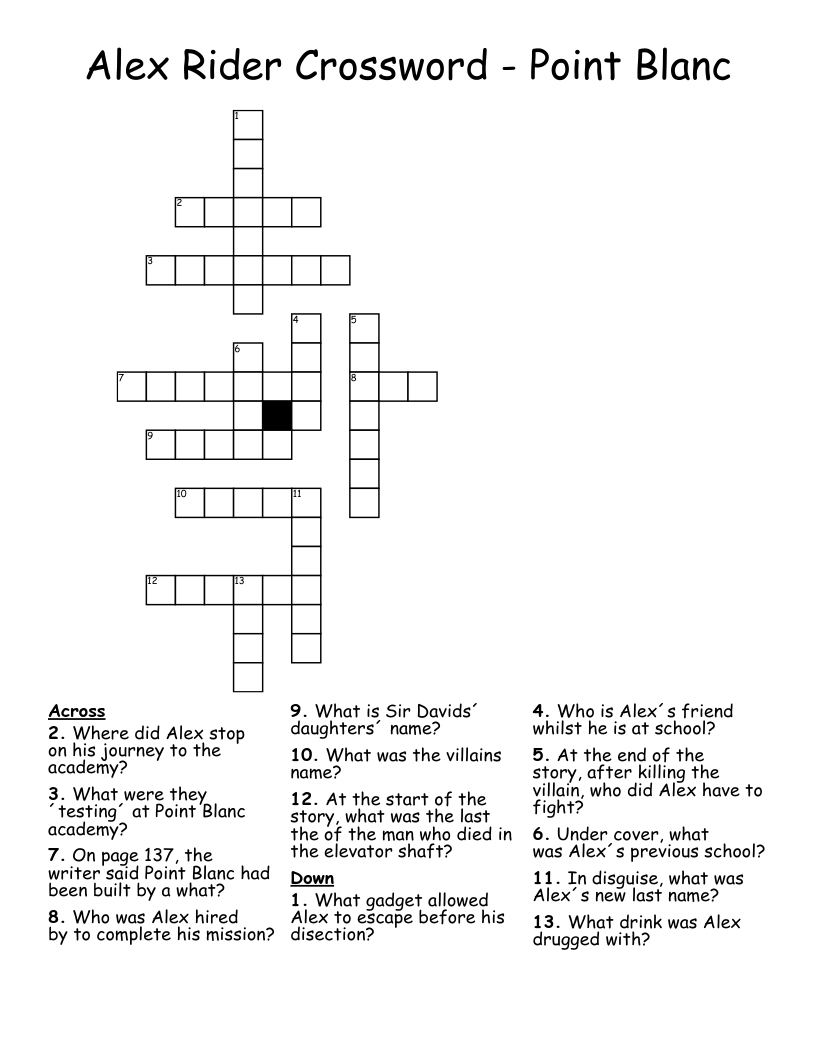 Alex Rider Crossword - Point Blanc - Wordmint pertaining to Christmas Story Villain Crossword