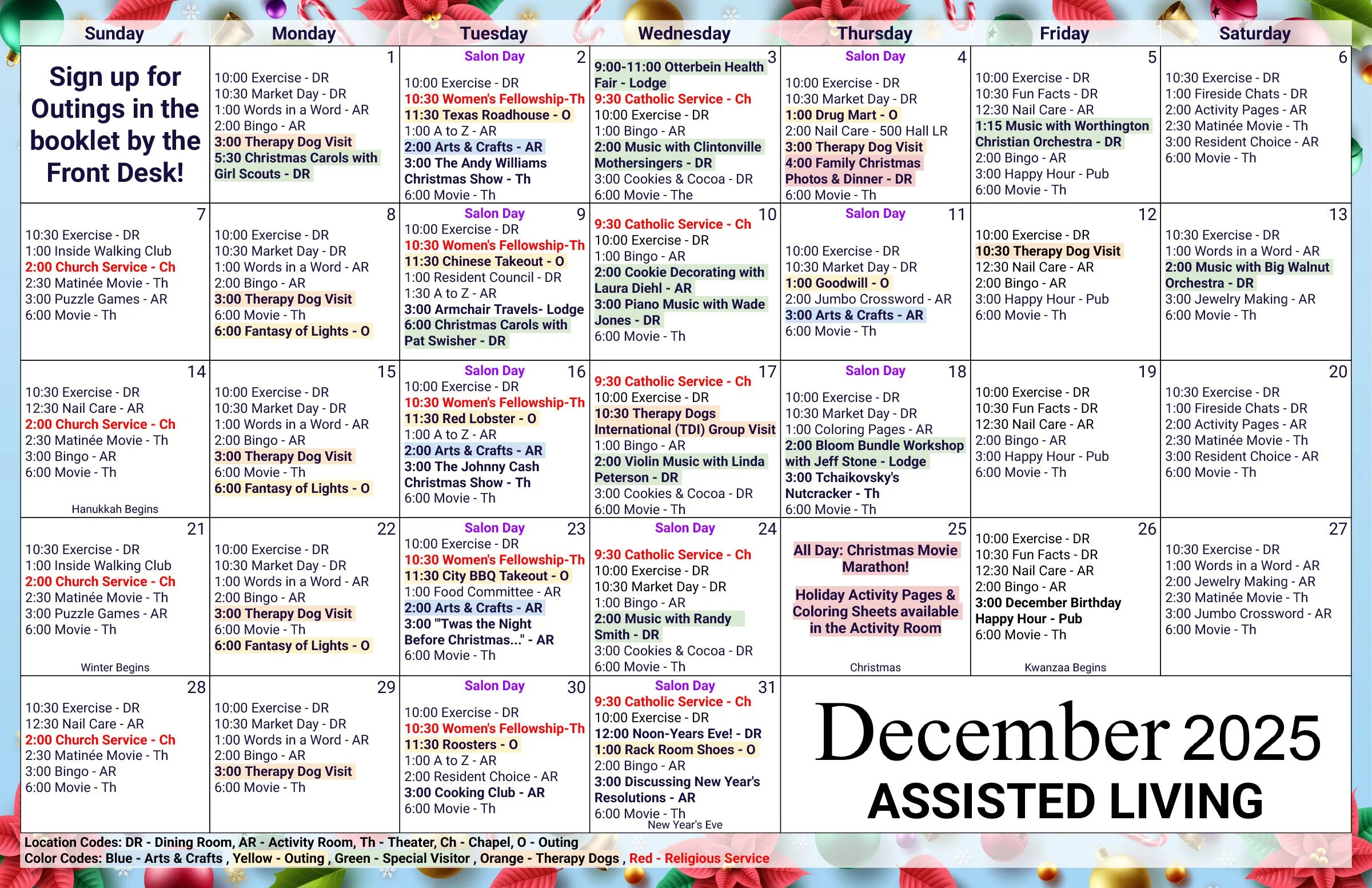 Assisted Living Calendar — Assisted Living At The Inn At Bear Trail in 12 Days of Christmas Musician Crossword