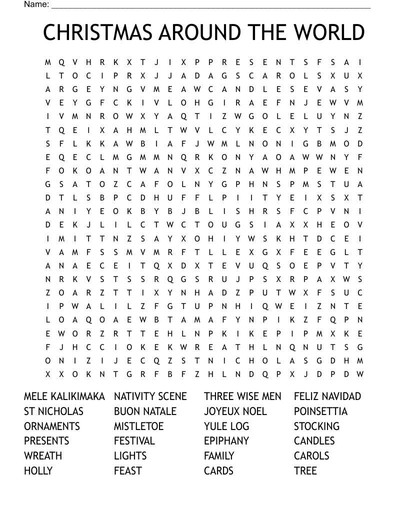 Christmas Around The World Word Search - Wordmint in Christmas Crossword Word Search