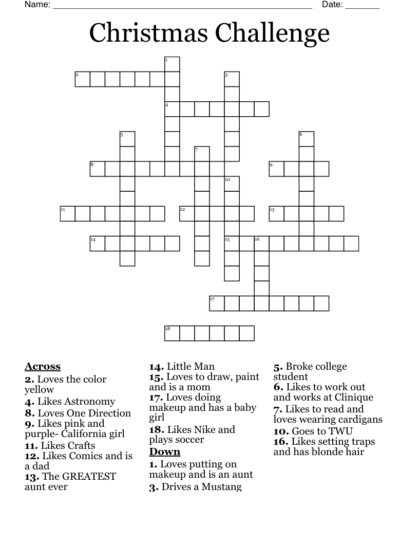 Christmas Challenge Crossword - Wordmint throughout Christmas Challenge Crossword Answers