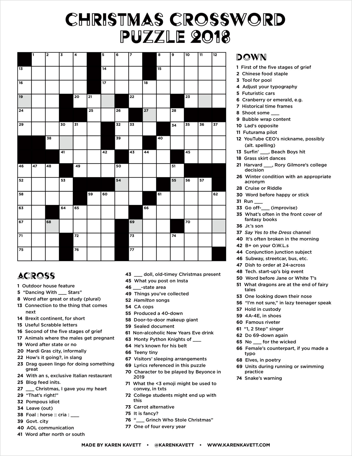 Christmas Crossword Puzzle 2018 - Karen Kavett inside Printable Christmas Crossword Puzzle For Adults