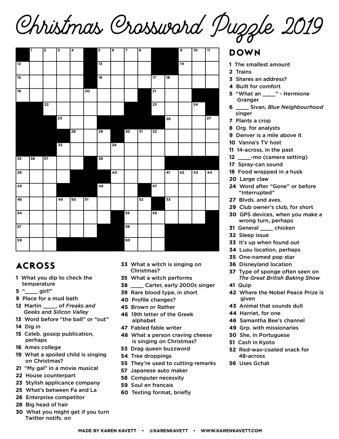 Christmas Crossword Puzzle 2019 - Karen Kavett with Difficult Christmas Crossword Puzzle