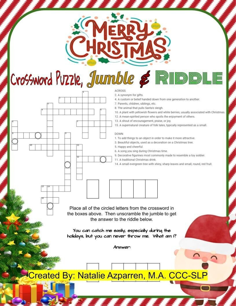 Christmas Crossword Puzzle, Jumble, And Riddle Jokes Activity throughout Christmas Evergreen Crossword Clue