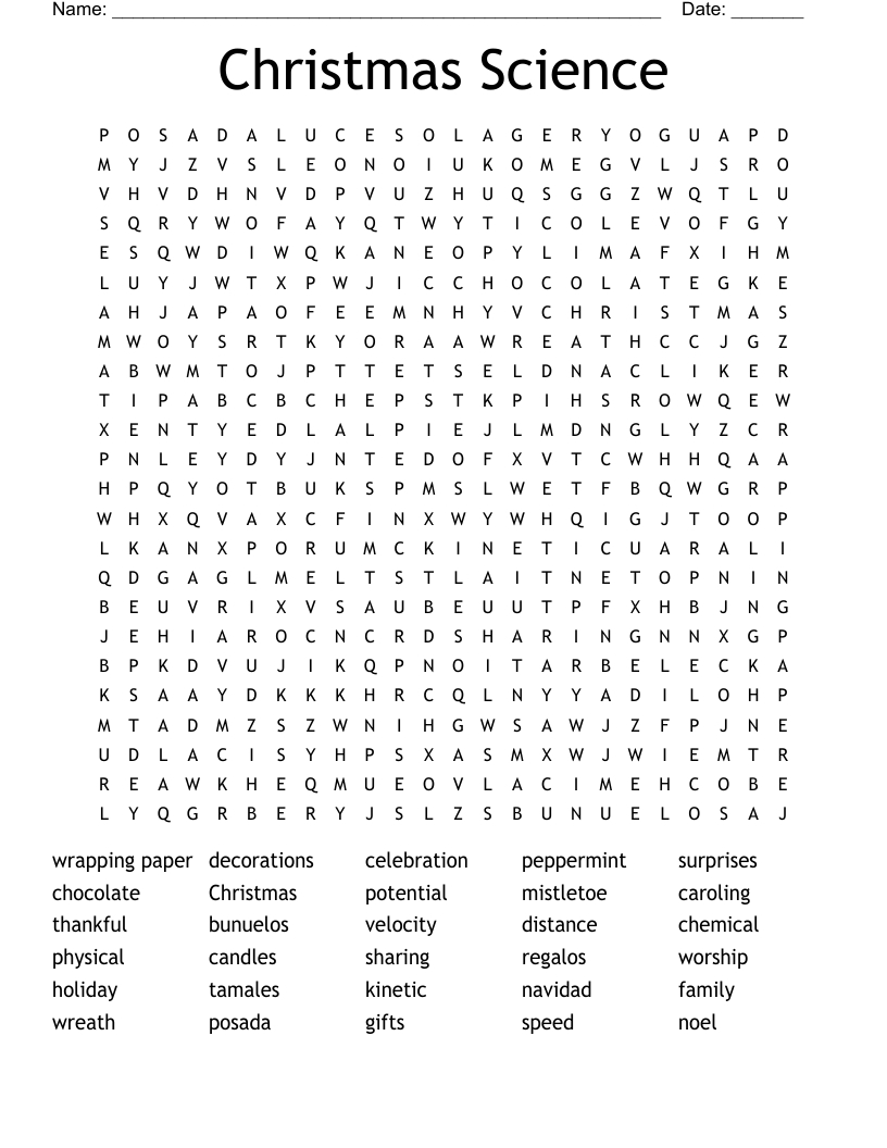 Christmas Science Word Search - Wordmint with Christmas Science Crossword Answer Key