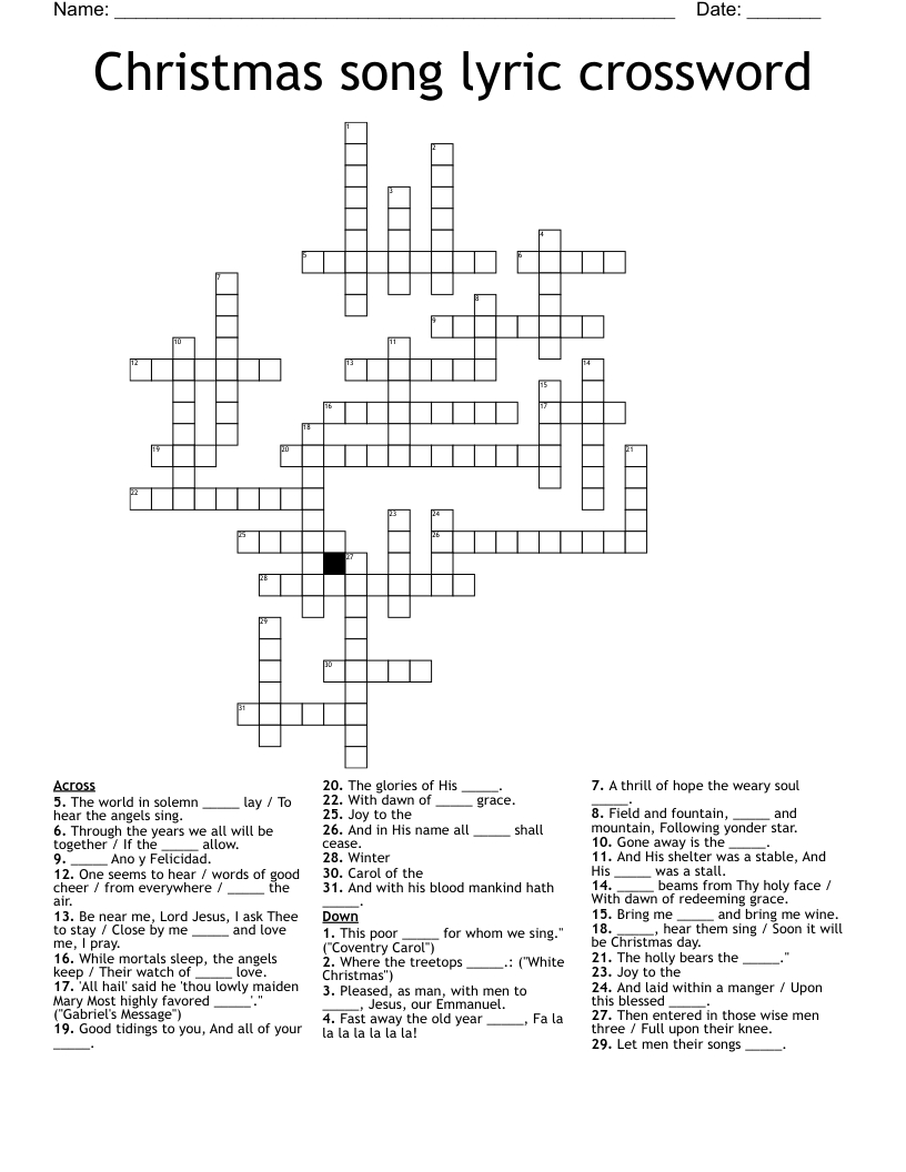 Christmas Song Lyric Crossword - Wordmint with regard to In a Manger Christmas Carol Crossword