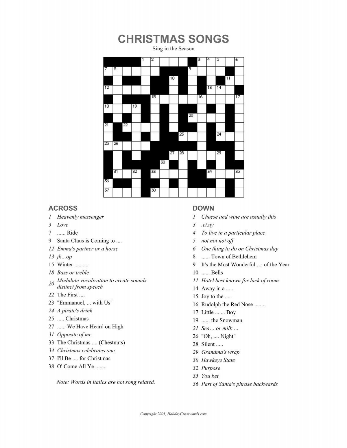 Christmas Songs Crossword Puzzle - Party Puzzle - Newsword in Christmas Carol Starter Crossword