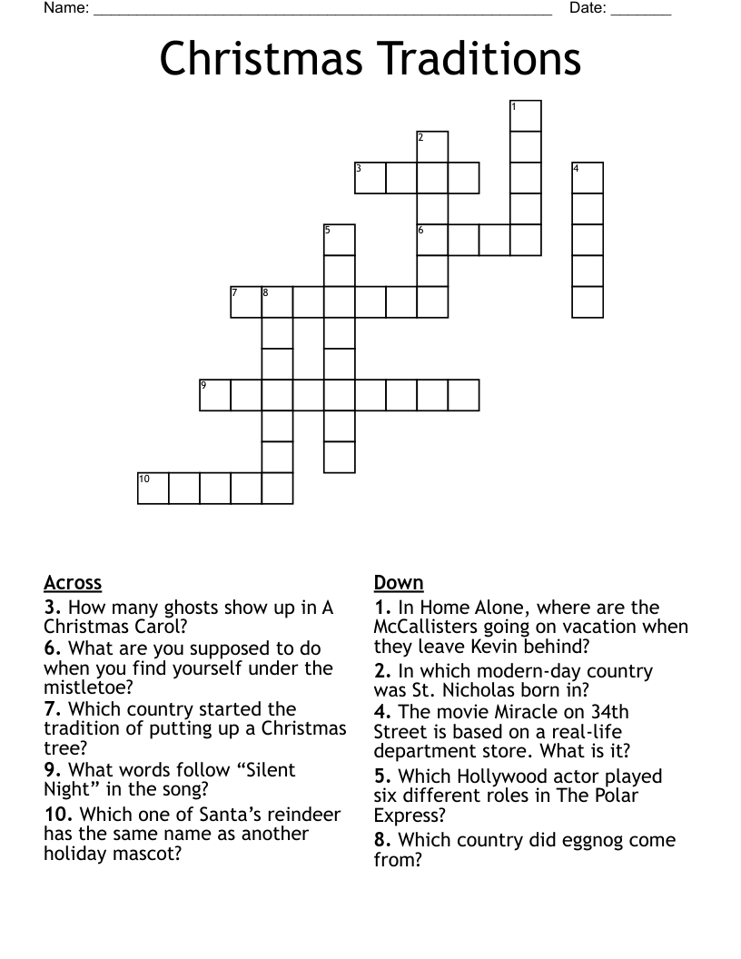 Christmas Traditions Crossword - Wordmint within Christmas Tradition Crossword Clue