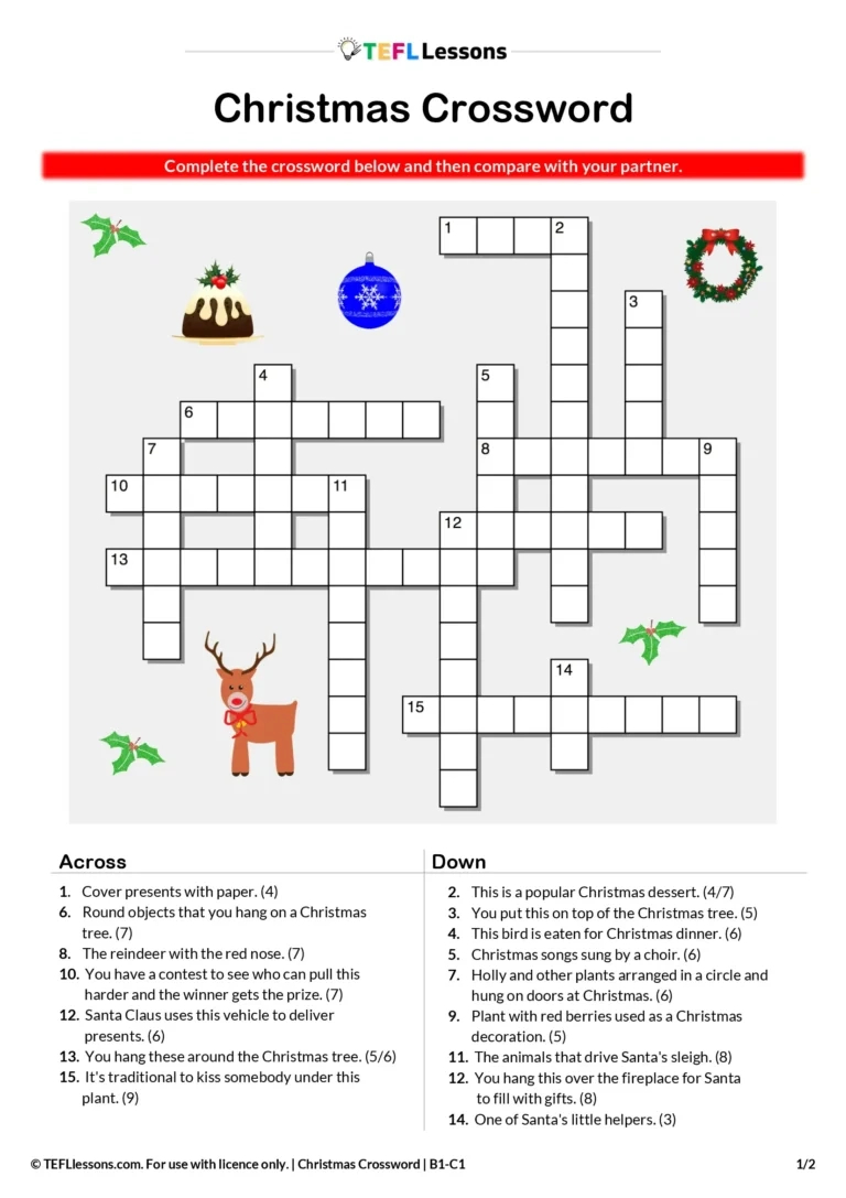 Christmas Vocabulary Crossword – Esl Christmas Crossword Puzzle intended for Christmas Crossword Online Game