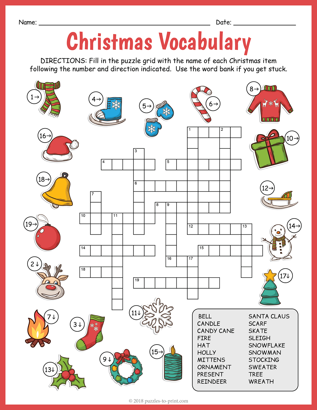 Christmas Vocabulary Image Crossword with Free Christmas Printable Crossword Puzzle