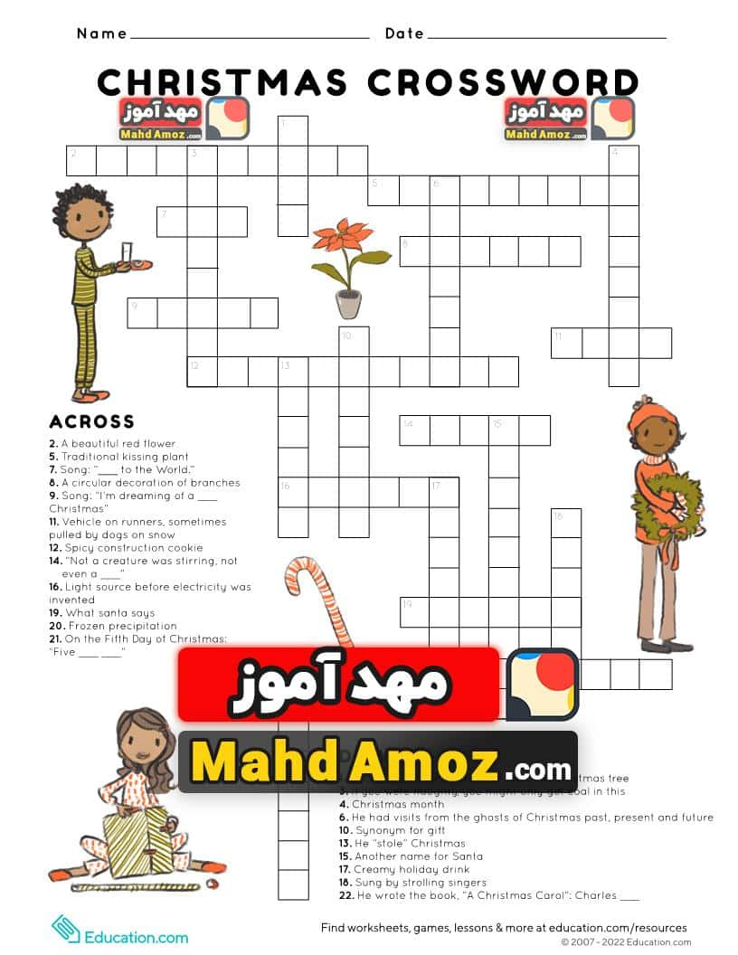 کاربرگ Christmas Crossword — مهدآموز with A Beautiful Red Flower Christmas Crossword