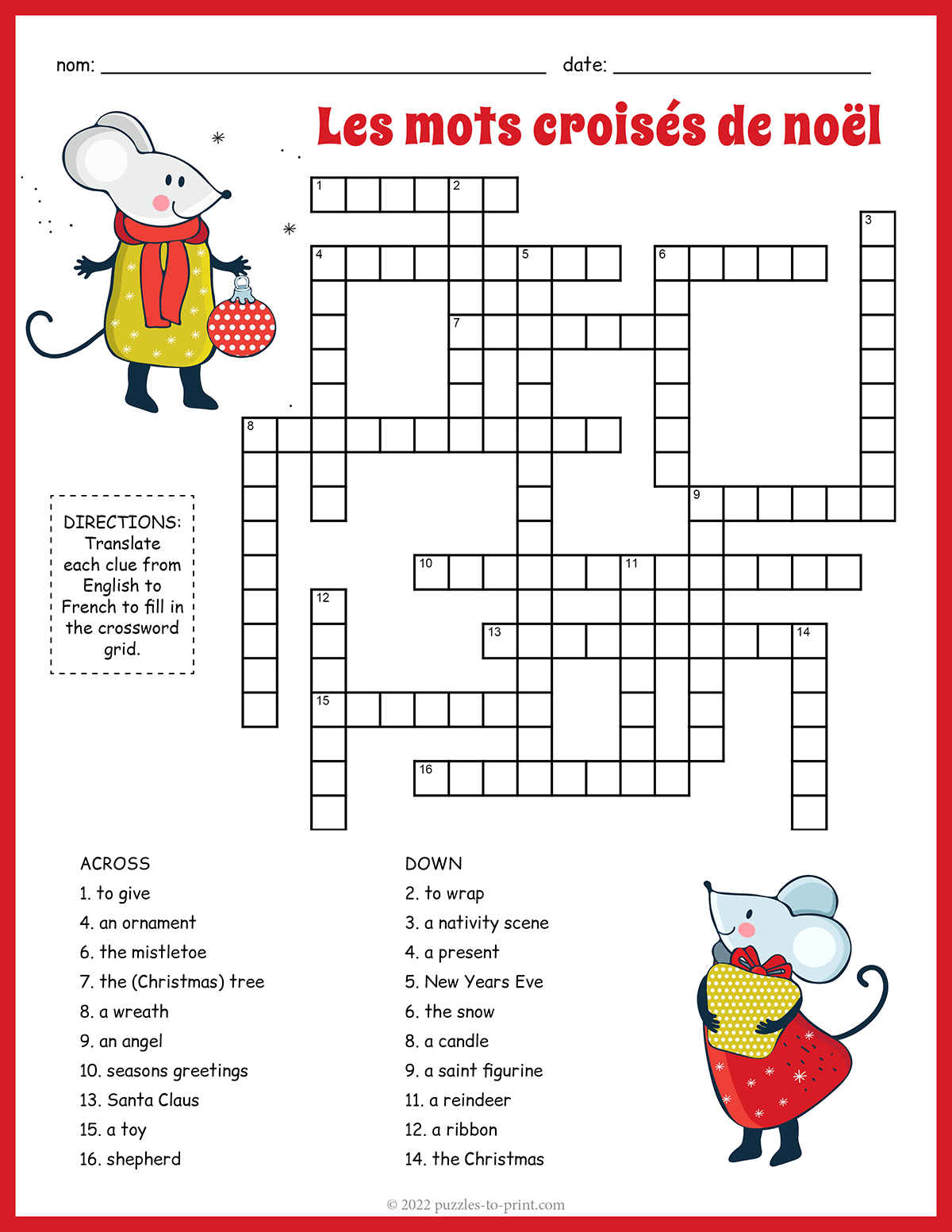 French Christmas Vocabulary Crossword inside Christmas in French Crossword Clue