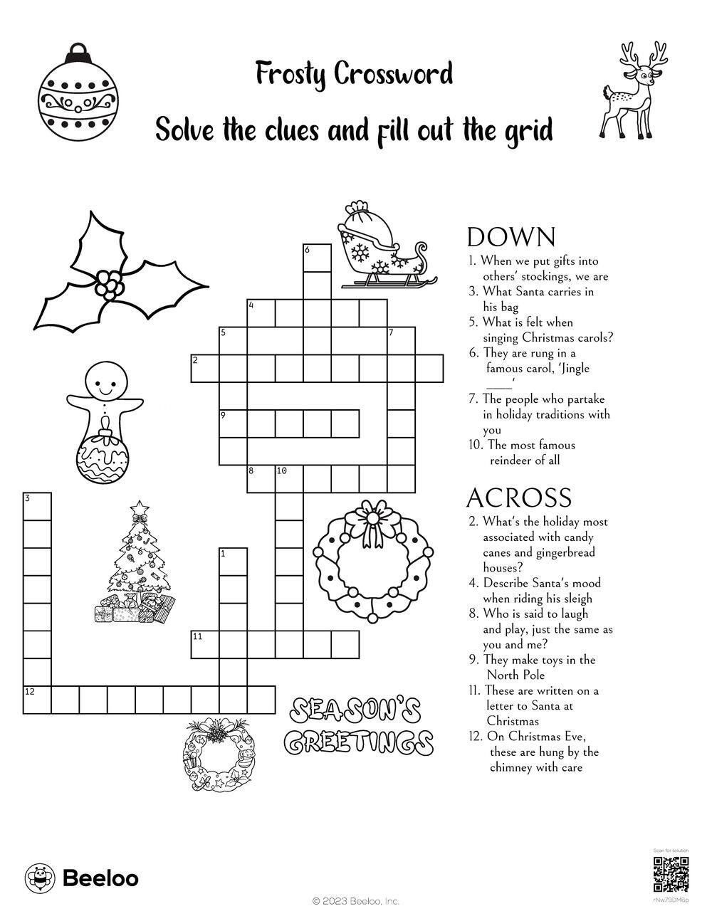 Frosty Crossword • Beeloo Printable Crafts And Activities For Kids in Christmas Carols Crossword Clue 5 Letters