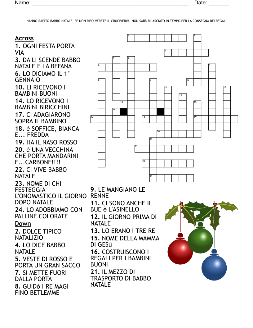 Indovinelli Natalizi Crossword - Wordmint within Italian Name For Christmas Crossword