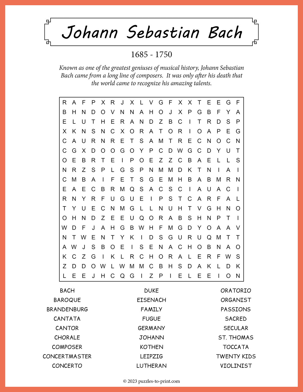 johann sebastian bach word search in bach039s christmas crossword Johann Sebastian Bach Word Search in Bach's Christmas Crossword