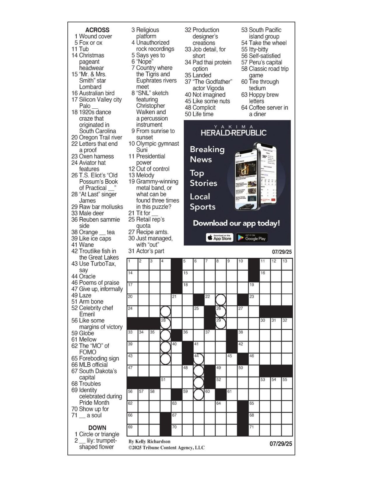 La Times Crossword: July 29, 2025 | Crosswords | Yakimaherald with Christmas Pageant Headwear Crossword Clue