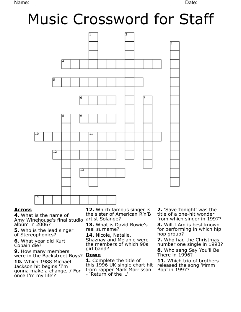 Music Crossword For Staff - Wordmint inside Christmas Song Trio Crossword