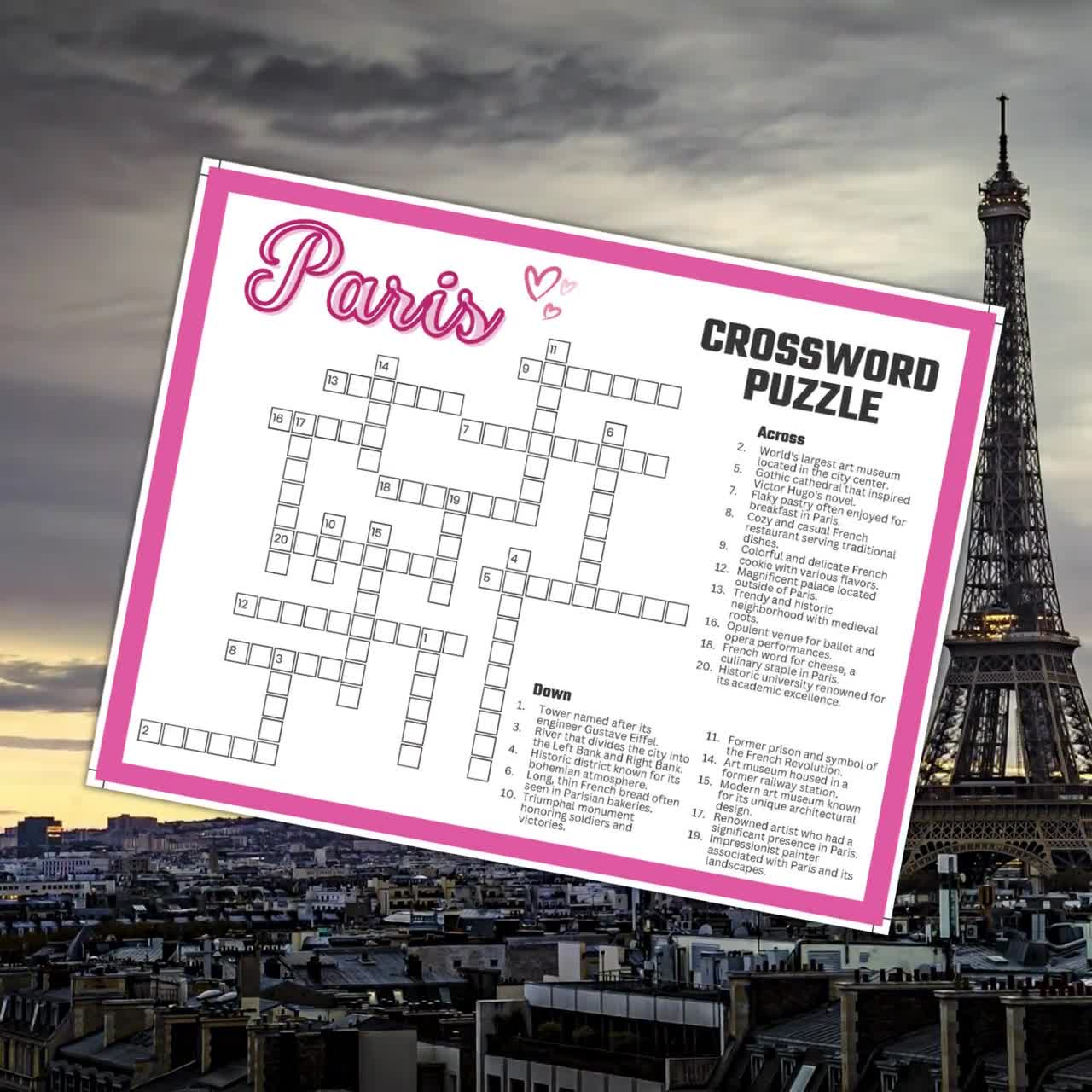 Paris Crossword Puzzle Printable Game, Fun Travel Theme Birthday Activity,  Love France City, French Gathering Word Game Pdf, Parisian Party intended for Christmas In Paris Crossword