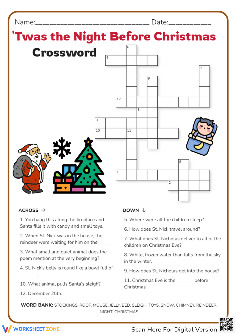 Printable Grade 7 Holidays Crossword Worksheets Download for The Night Before Christmas Crossword