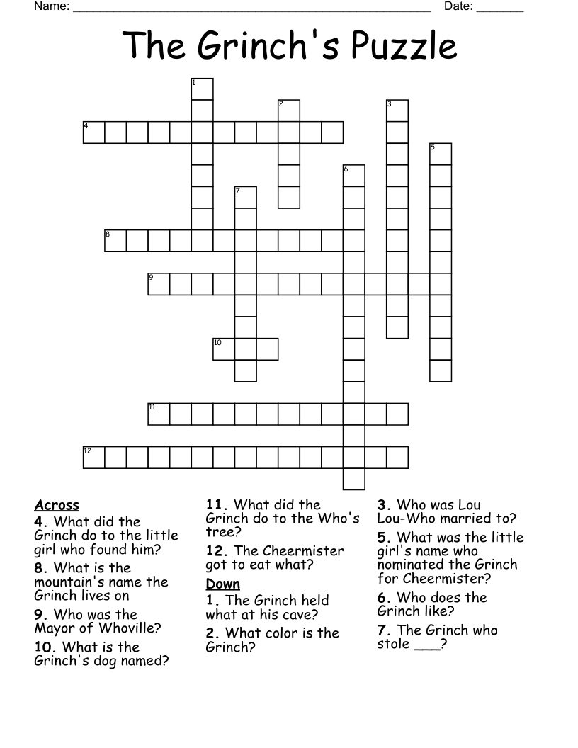The Grinch&amp;#039;S Puzzle Crossword - Wordmint inside How The Grinch Stole Christmas Crossword Puzzle Answer Key