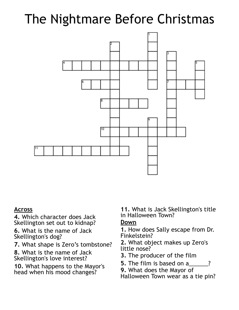 The Nightmare Before Christmas Crossword - Wordmint inside Nightmare Before Christmas Crossword Puzzle