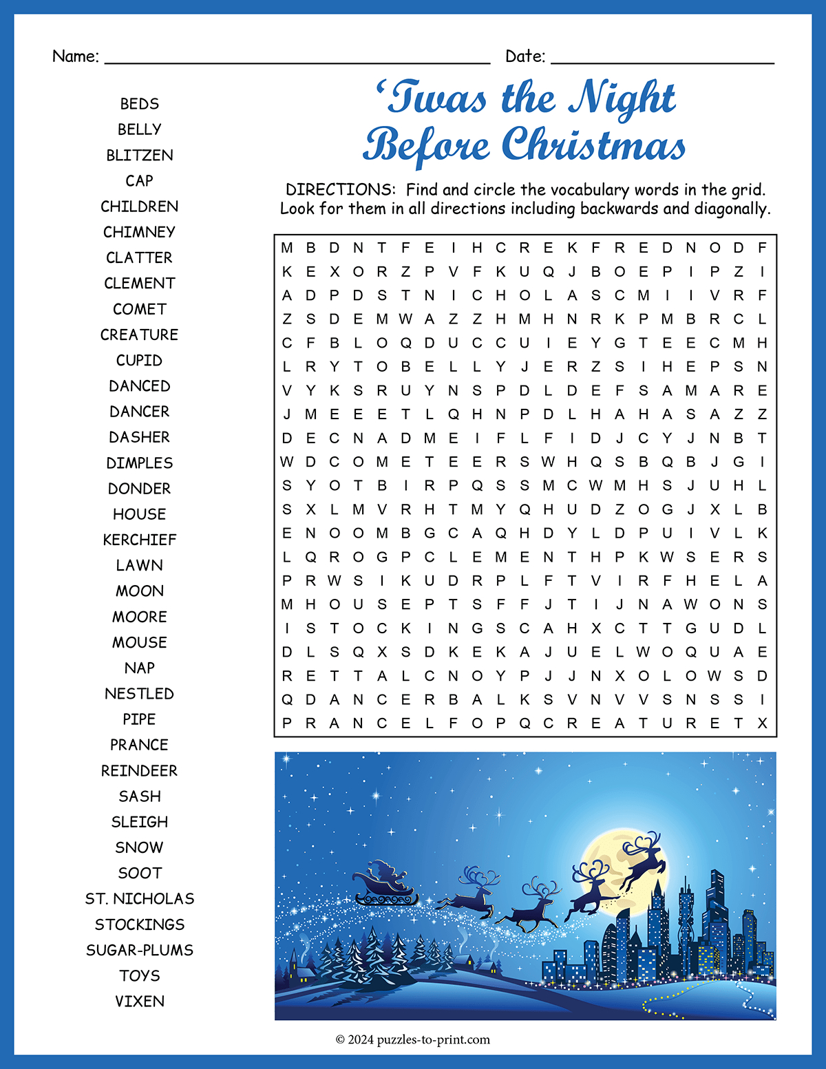 Twas The Night Before Christmas Word Search in Twas the Night Before Christmas Crossword Puzzle
