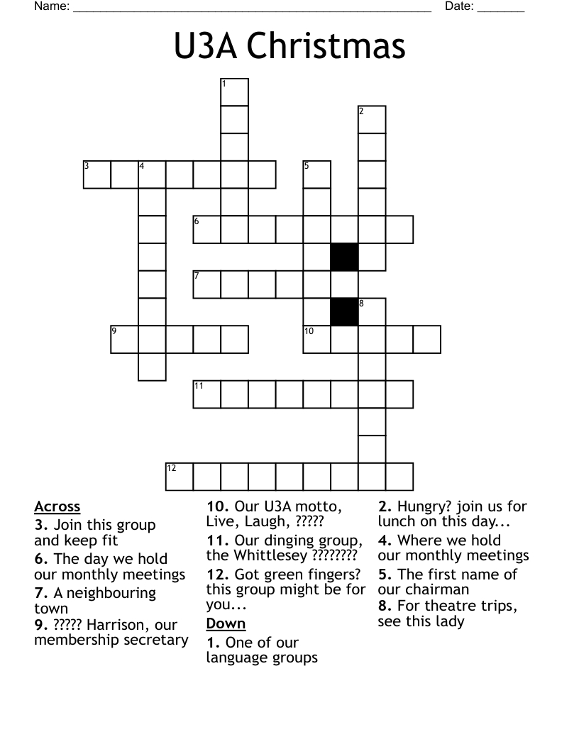 U3A Christmas Crossword - Wordmint in Group On The 11Th Day Of Christmas Crossword