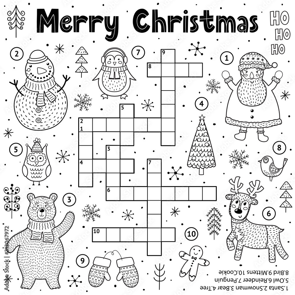 Vetor Merry Christmas Crossword Game For Kids. Black And White with A Merry Christmas Crossword